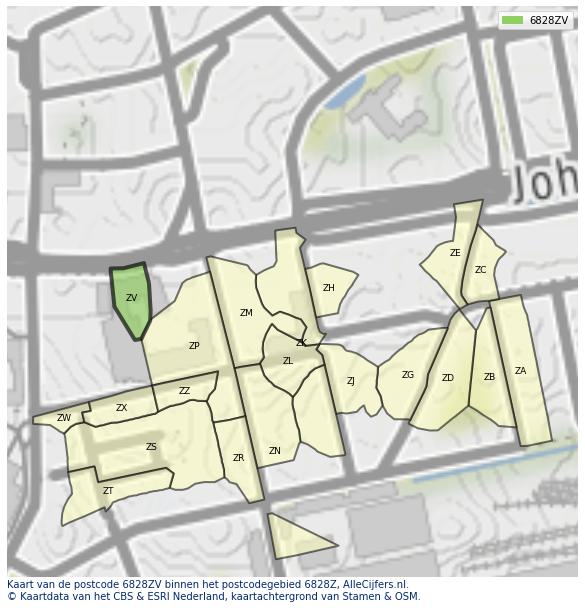 Afbeelding van het postcodegebied 6828 ZV op de kaart.