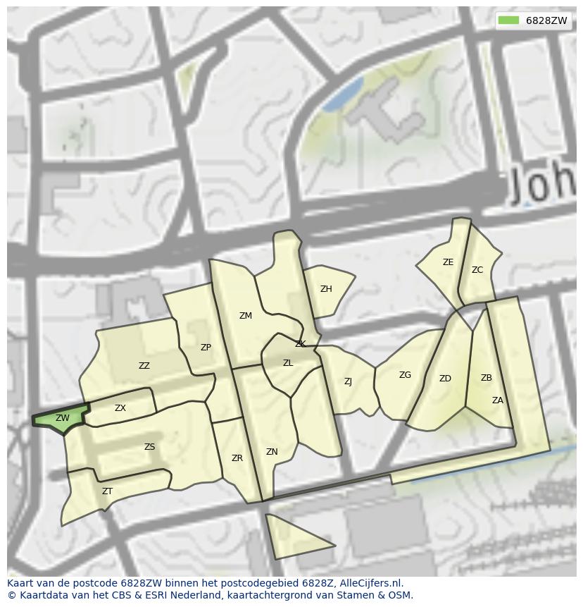 Afbeelding van het postcodegebied 6828 ZW op de kaart.