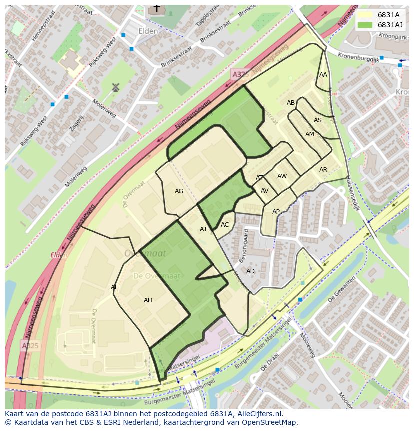 Afbeelding van het postcodegebied 6831 AJ op de kaart.