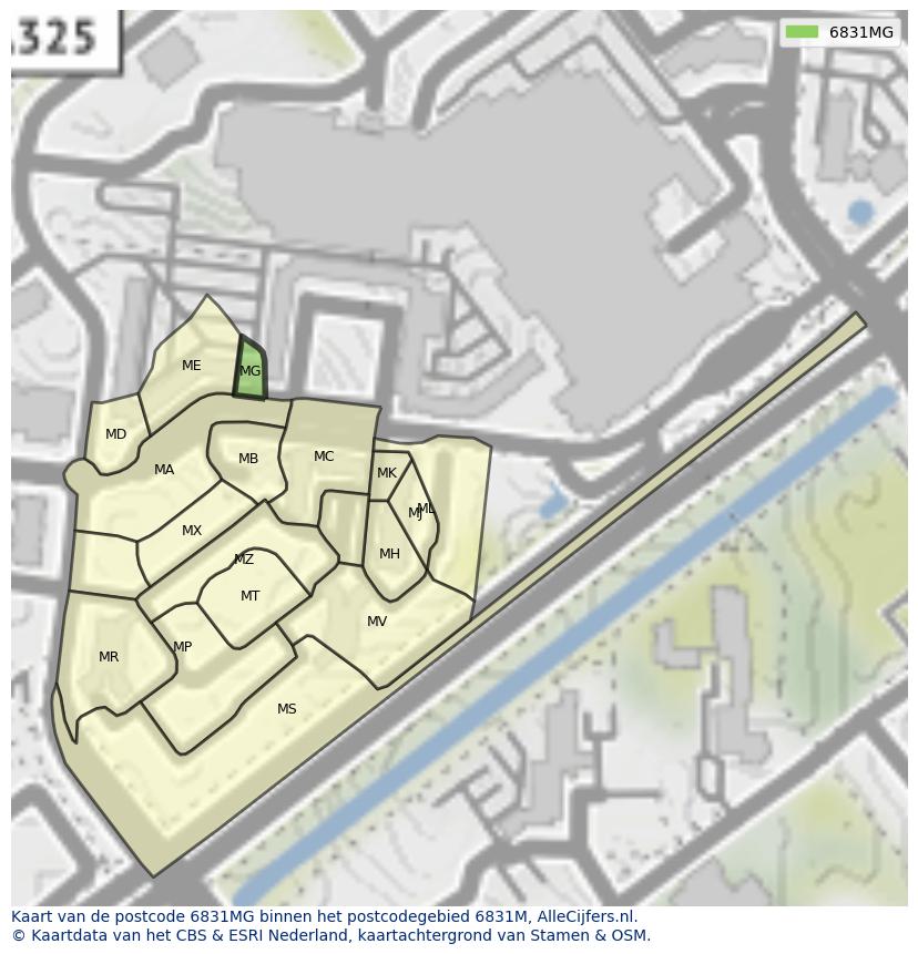 Afbeelding van het postcodegebied 6831 MG op de kaart.