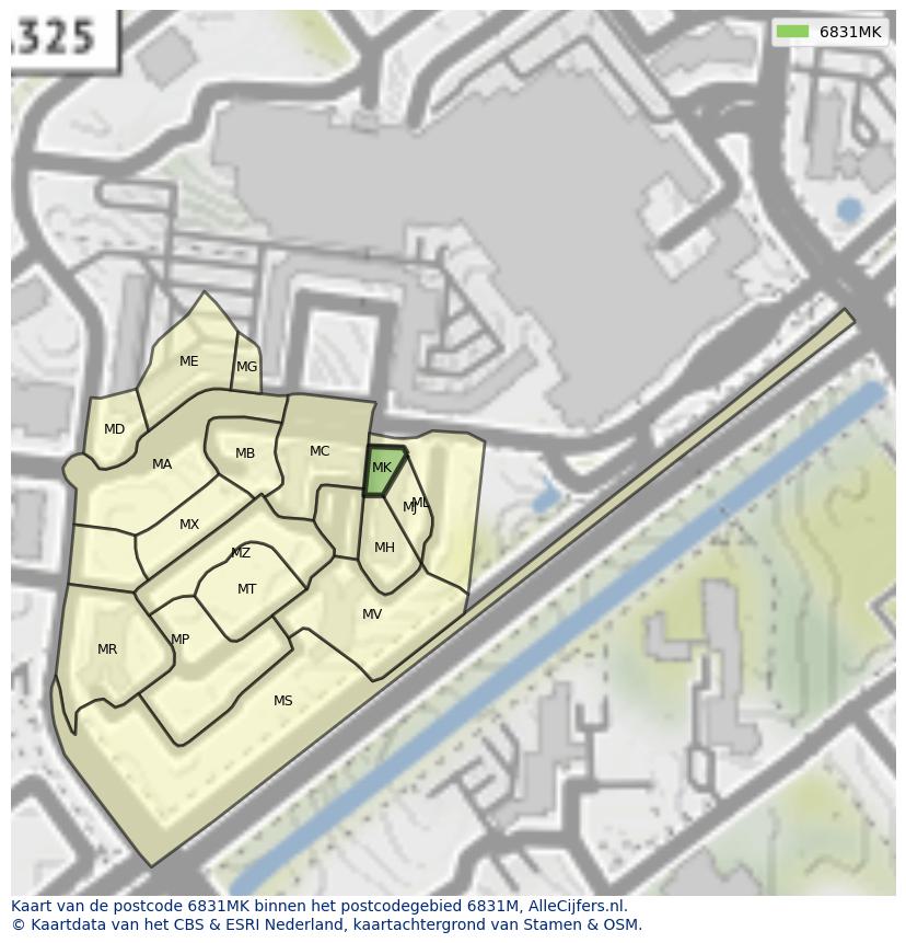 Afbeelding van het postcodegebied 6831 MK op de kaart.