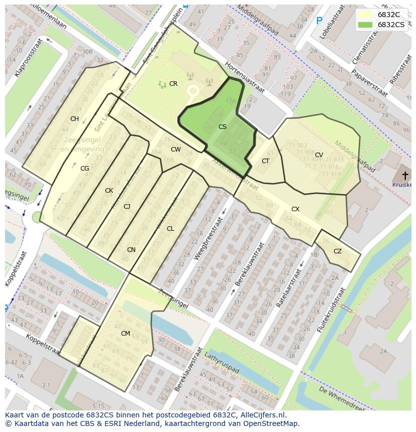 Afbeelding van het postcodegebied 6832 CS op de kaart.