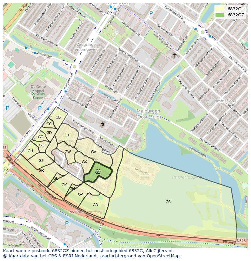 Afbeelding van het postcodegebied 6832 GZ op de kaart.