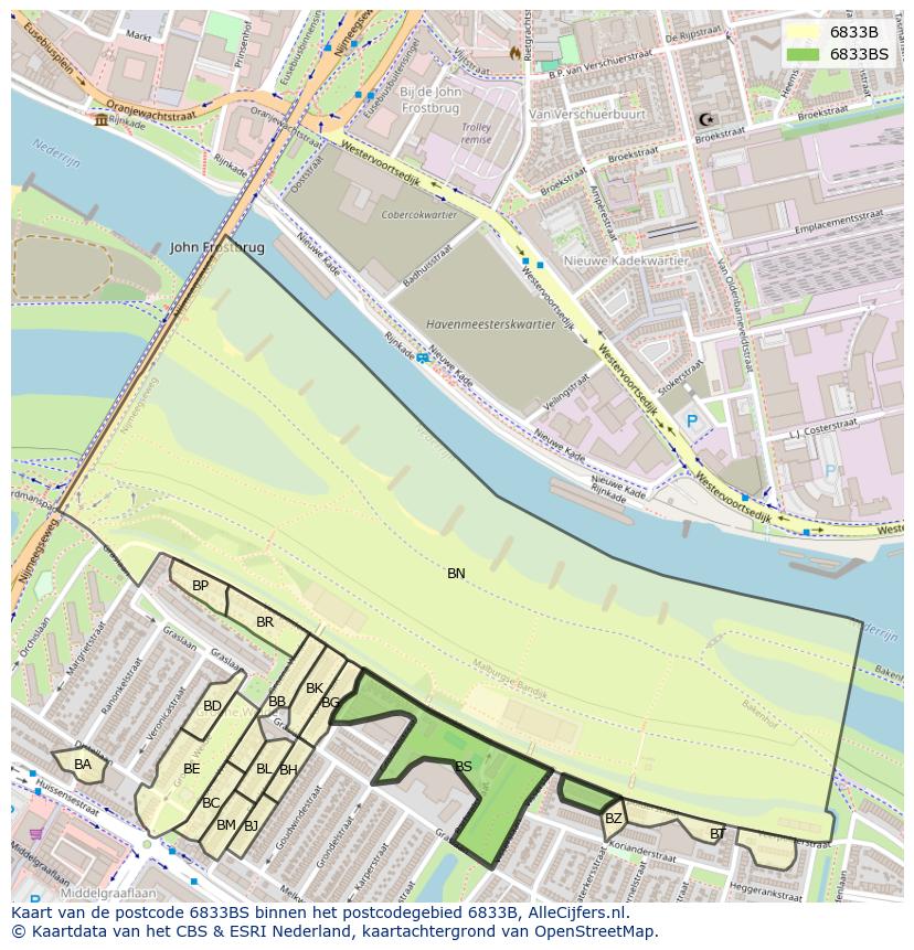 Afbeelding van het postcodegebied 6833 BS op de kaart.
