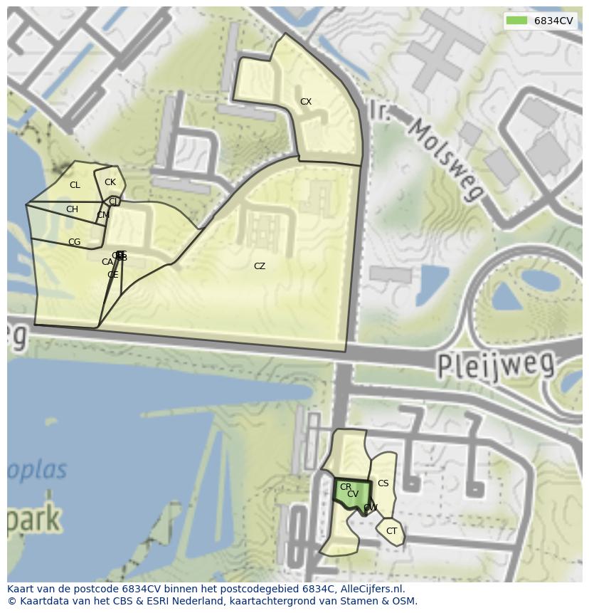 Afbeelding van het postcodegebied 6834 CV op de kaart.