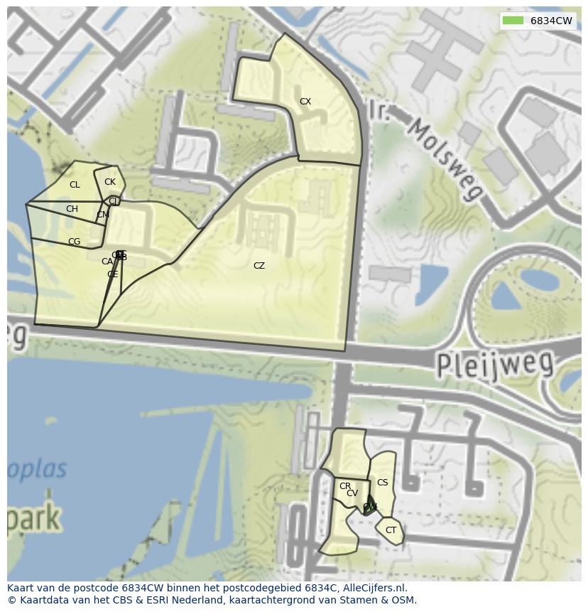 Afbeelding van het postcodegebied 6834 CW op de kaart.