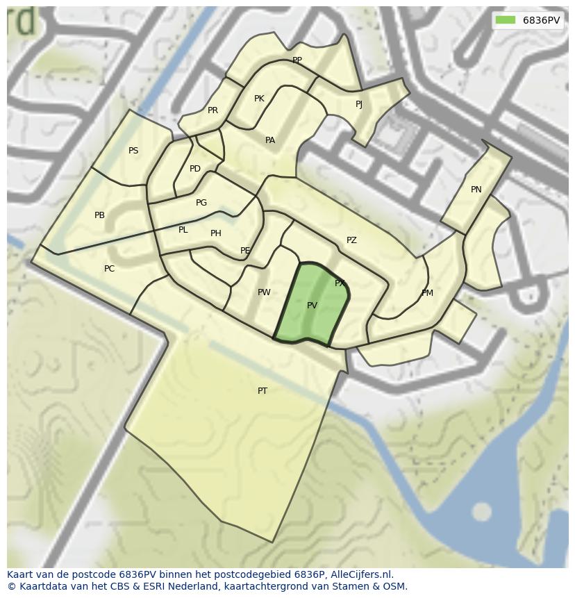 Afbeelding van het postcodegebied 6836 PV op de kaart.