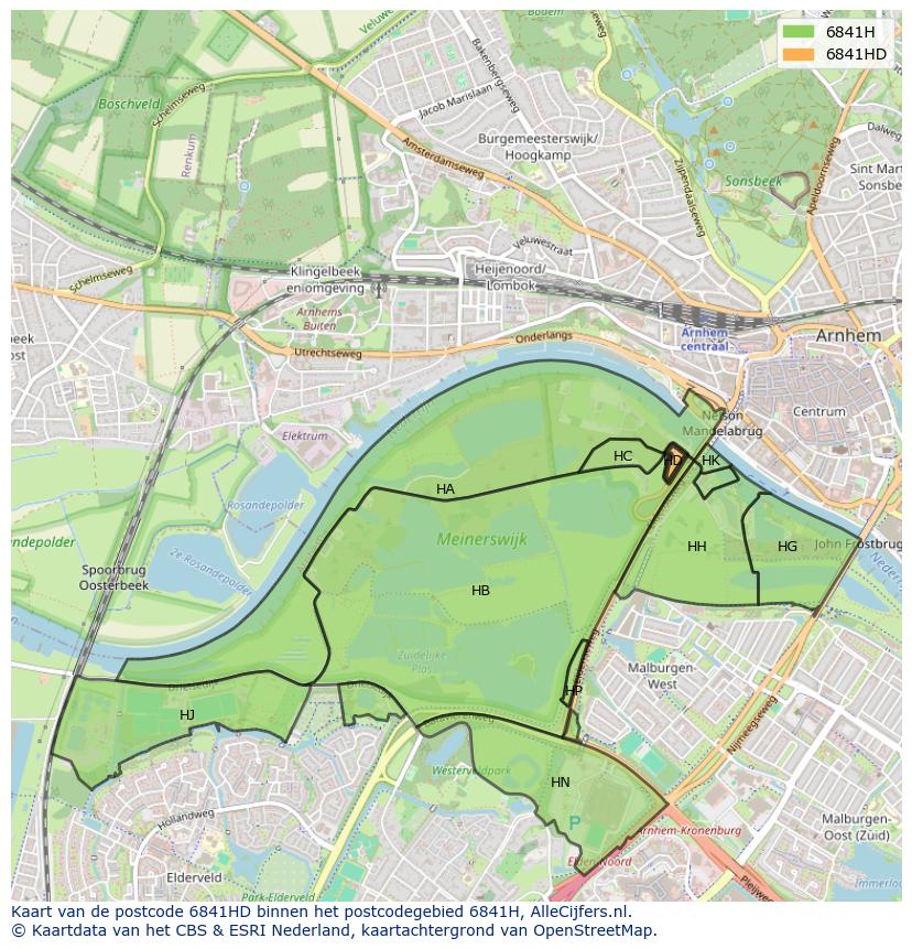 Afbeelding van het postcodegebied 6841 HD op de kaart.