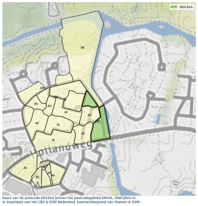 Afbeelding van het postcodegebied 6843 AA op de kaart.