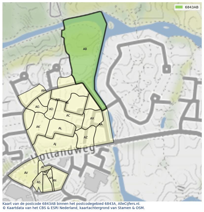 Afbeelding van het postcodegebied 6843 AB op de kaart.
