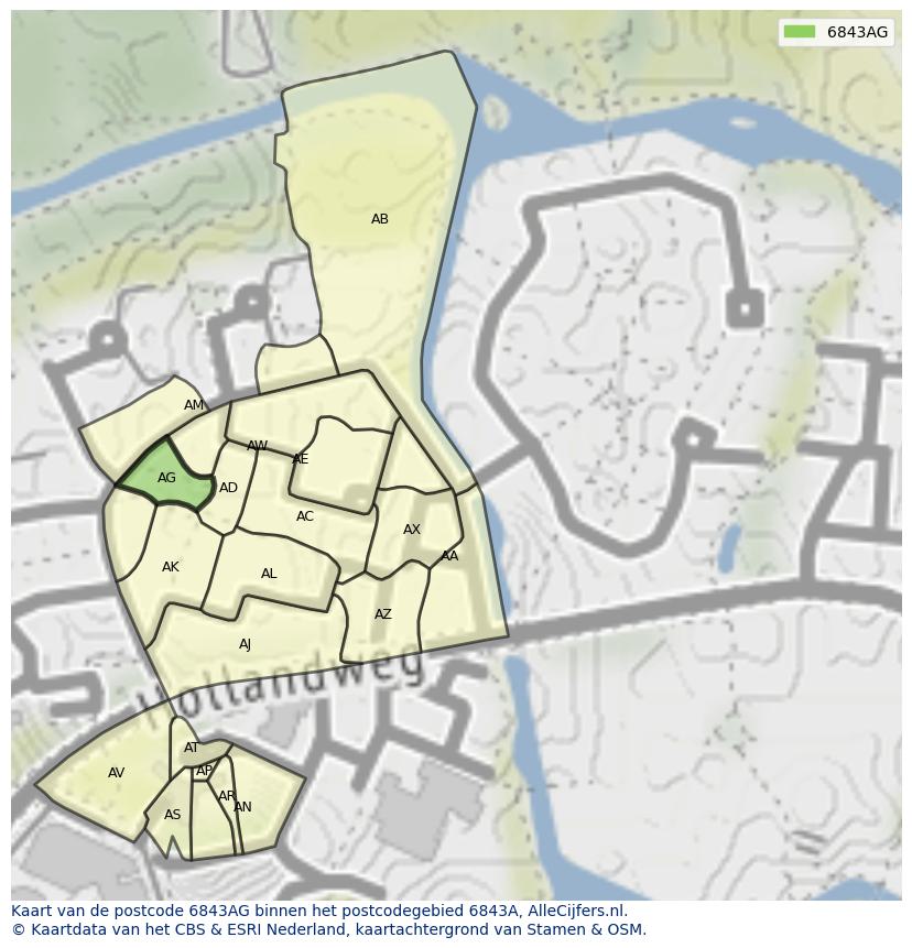Afbeelding van het postcodegebied 6843 AG op de kaart.
