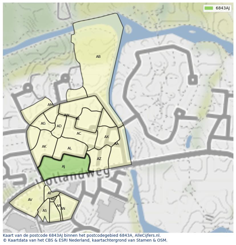 Afbeelding van het postcodegebied 6843 AJ op de kaart.