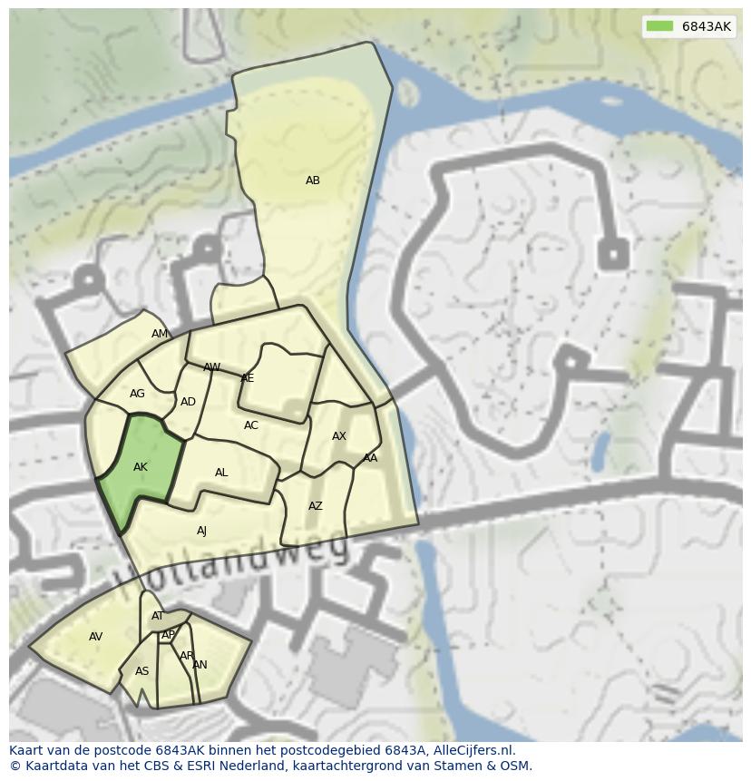Afbeelding van het postcodegebied 6843 AK op de kaart.