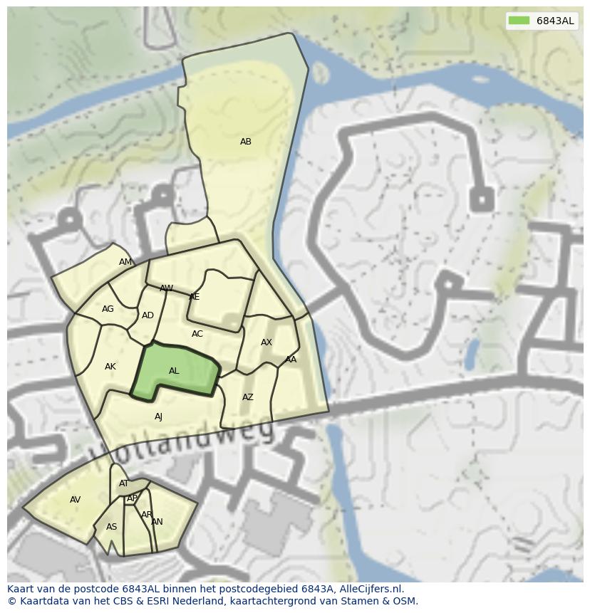 Afbeelding van het postcodegebied 6843 AL op de kaart.