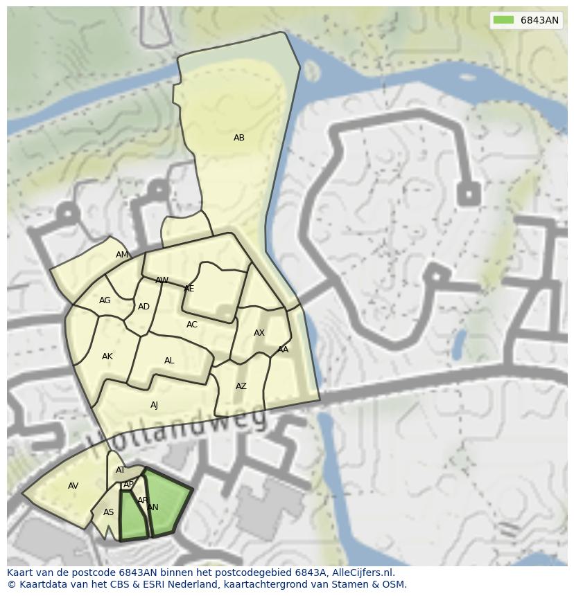 Afbeelding van het postcodegebied 6843 AN op de kaart.