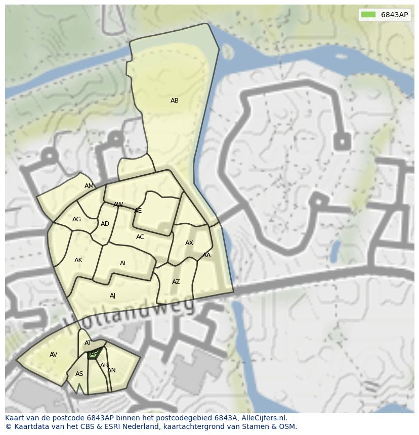 Afbeelding van het postcodegebied 6843 AP op de kaart.