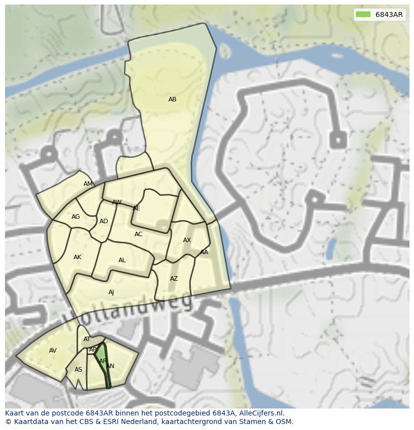 Afbeelding van het postcodegebied 6843 AR op de kaart.