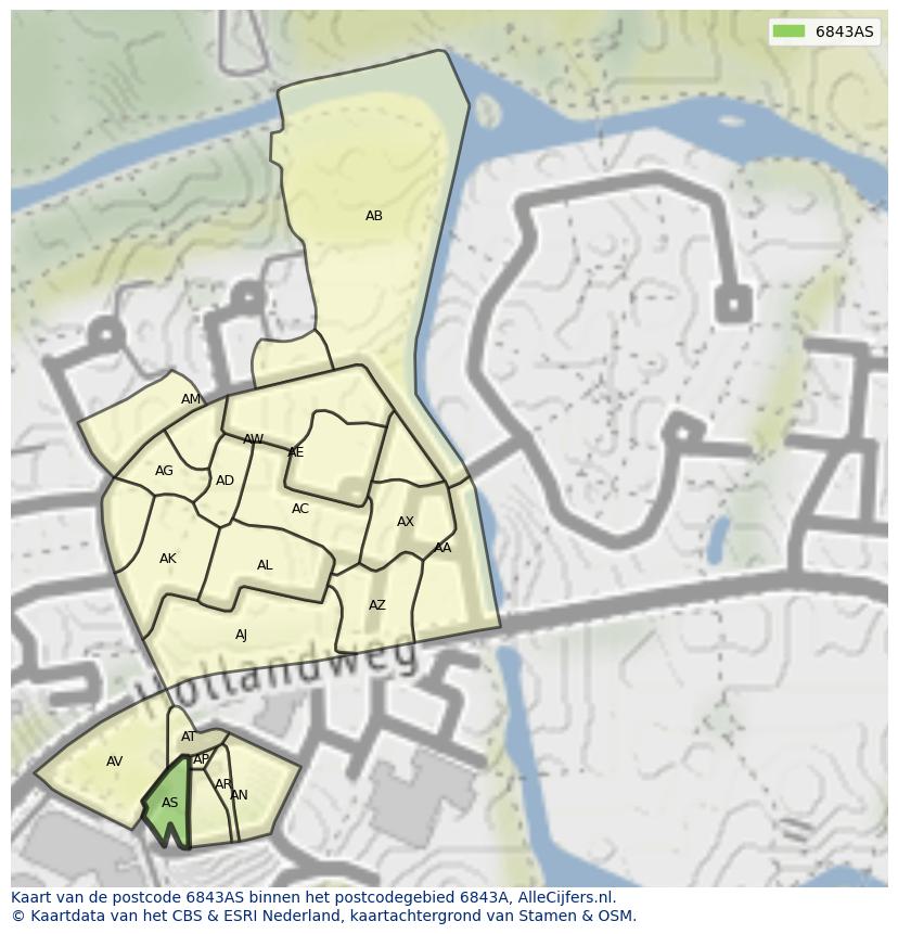 Afbeelding van het postcodegebied 6843 AS op de kaart.