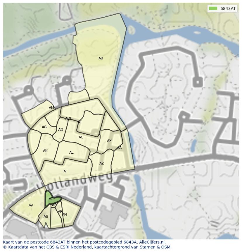 Afbeelding van het postcodegebied 6843 AT op de kaart.