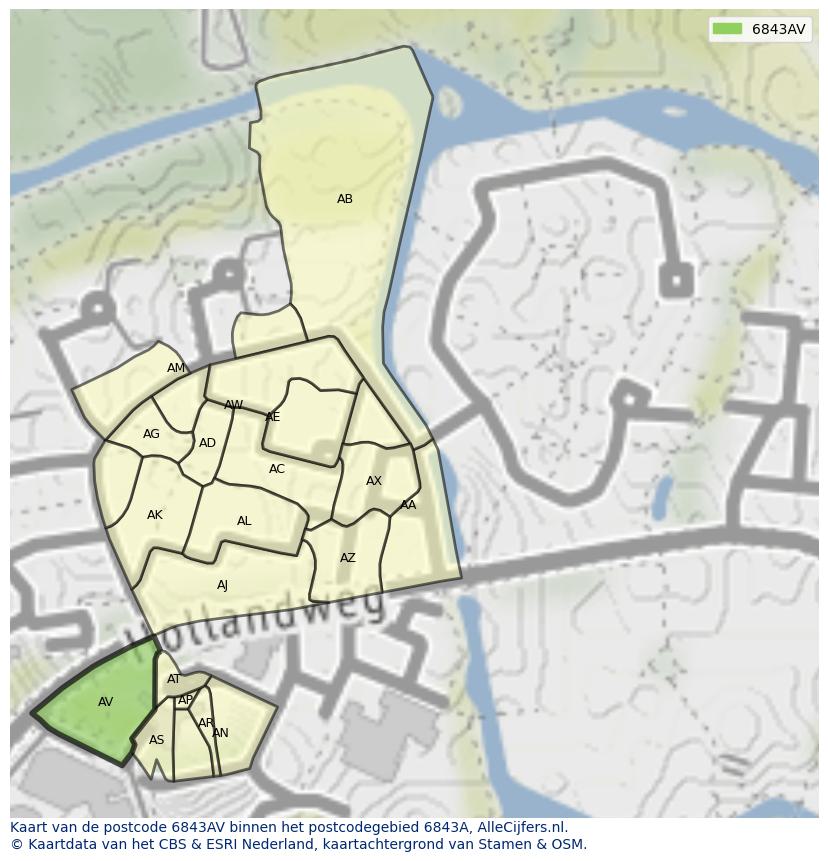 Afbeelding van het postcodegebied 6843 AV op de kaart.