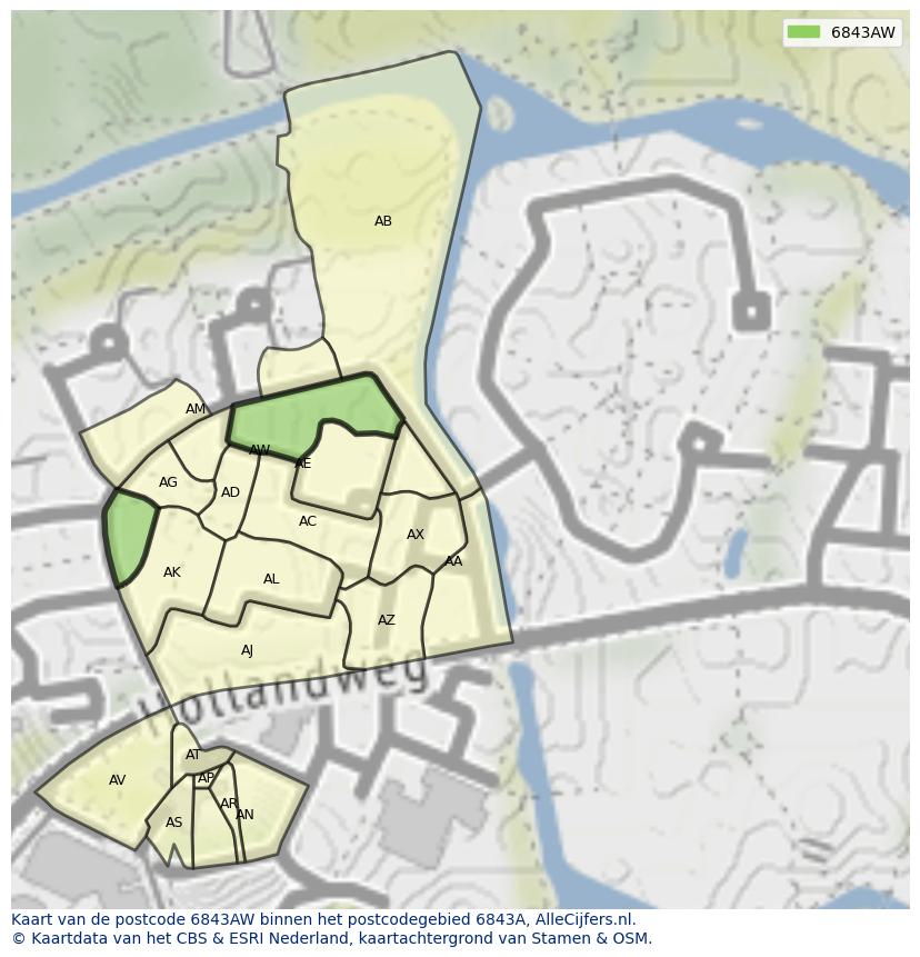 Afbeelding van het postcodegebied 6843 AW op de kaart.