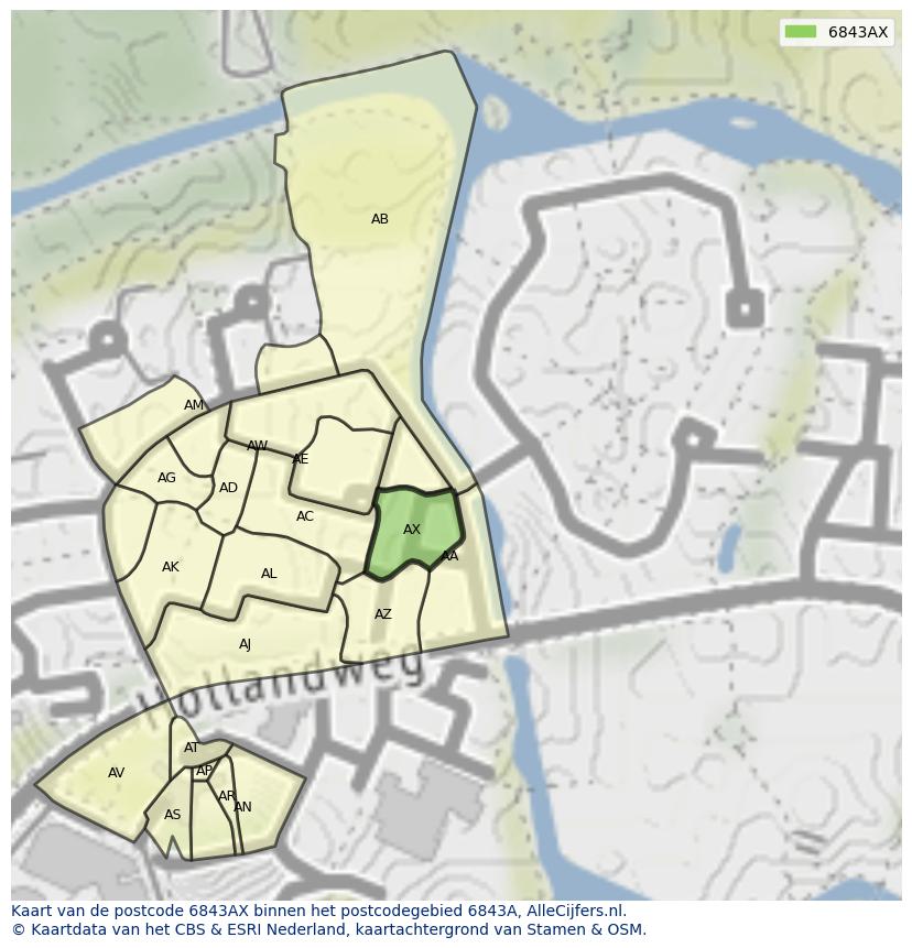 Afbeelding van het postcodegebied 6843 AX op de kaart.