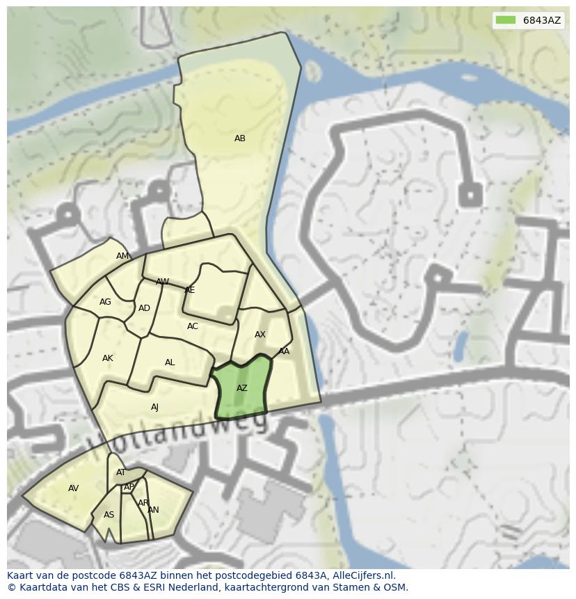 Afbeelding van het postcodegebied 6843 AZ op de kaart.