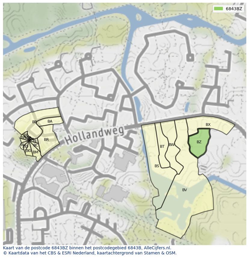 Afbeelding van het postcodegebied 6843 BZ op de kaart.