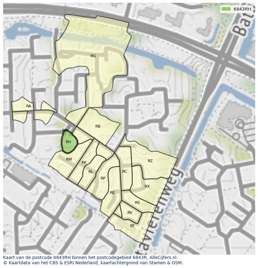 Afbeelding van het postcodegebied 6843 RH op de kaart.