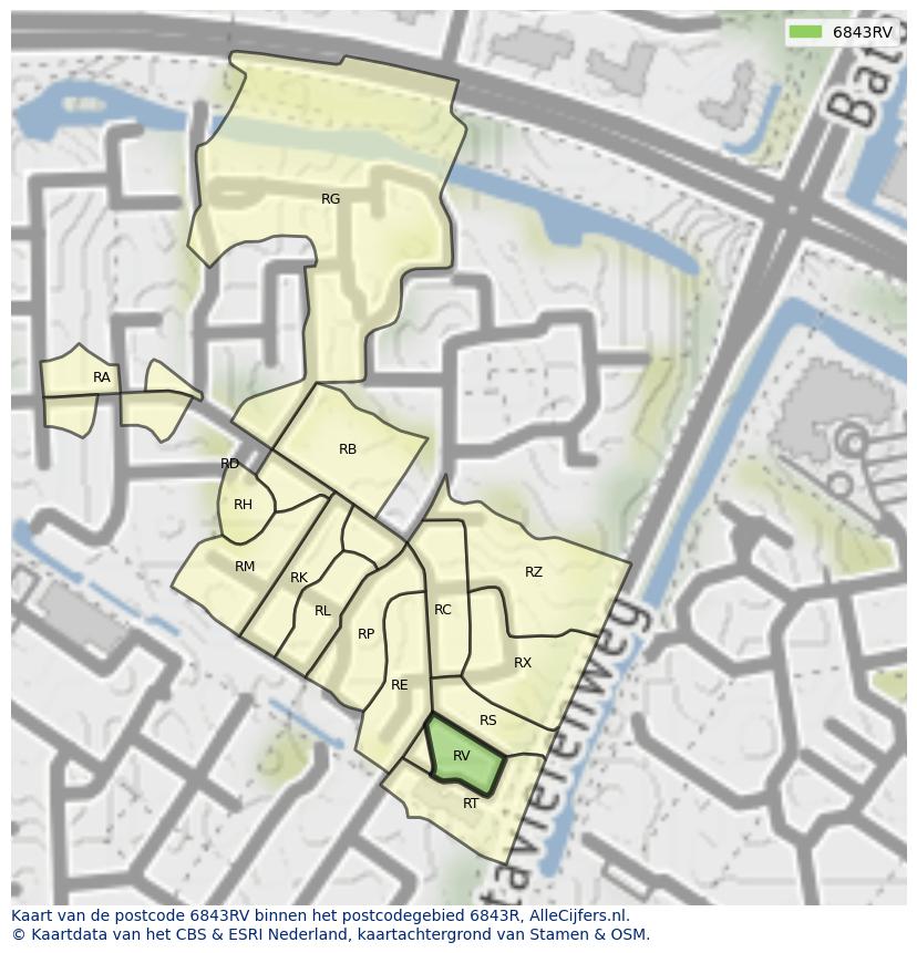 Afbeelding van het postcodegebied 6843 RV op de kaart.