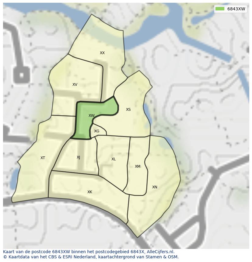 Afbeelding van het postcodegebied 6843 XW op de kaart.