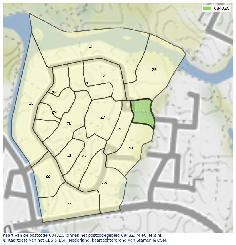 Afbeelding van het postcodegebied 6843 ZC op de kaart.