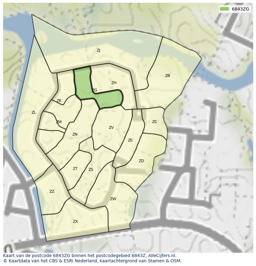 Afbeelding van het postcodegebied 6843 ZG op de kaart.