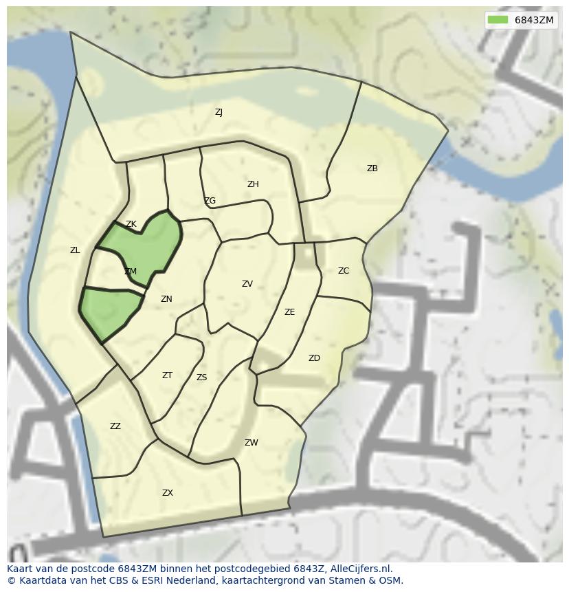 Afbeelding van het postcodegebied 6843 ZM op de kaart.