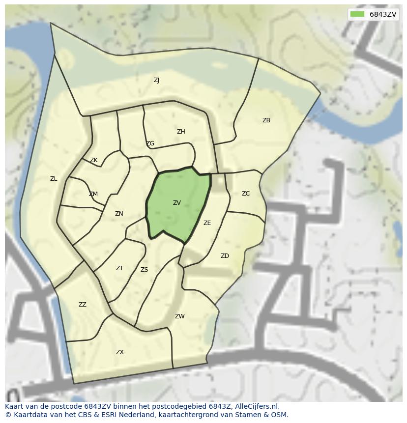 Afbeelding van het postcodegebied 6843 ZV op de kaart.