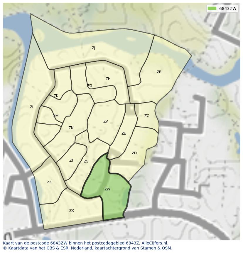Afbeelding van het postcodegebied 6843 ZW op de kaart.