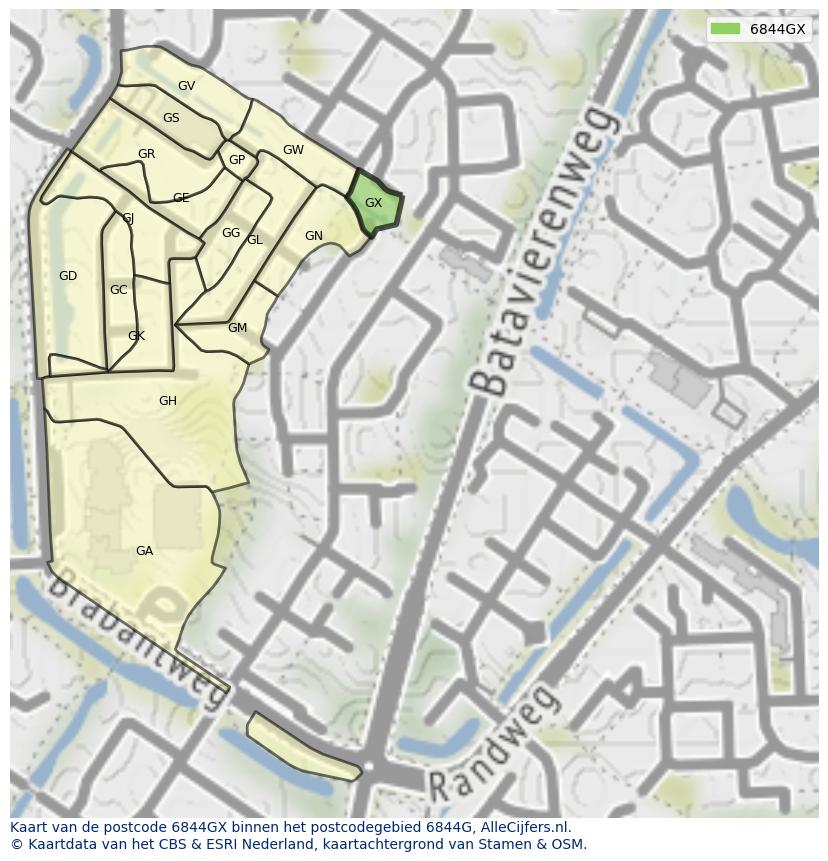 Afbeelding van het postcodegebied 6844 GX op de kaart.