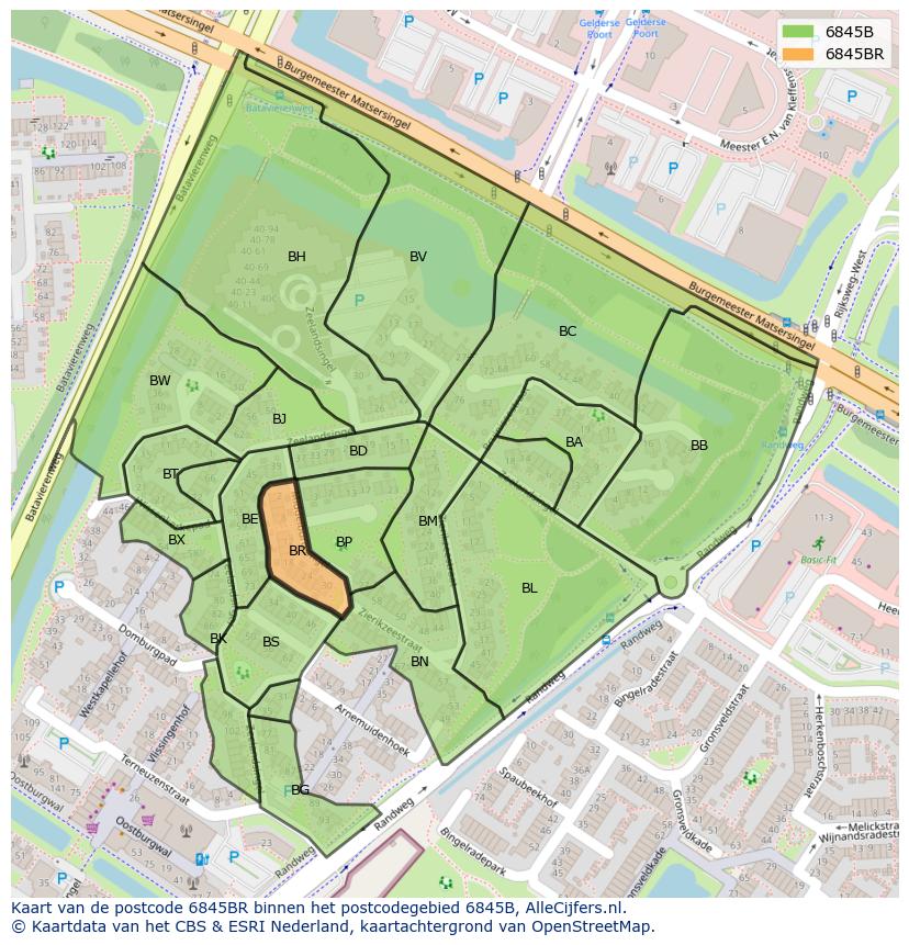 Afbeelding van het postcodegebied 6845 BR op de kaart.