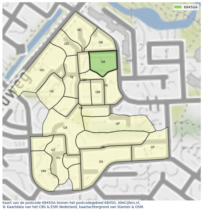 Afbeelding van het postcodegebied 6845 GA op de kaart.