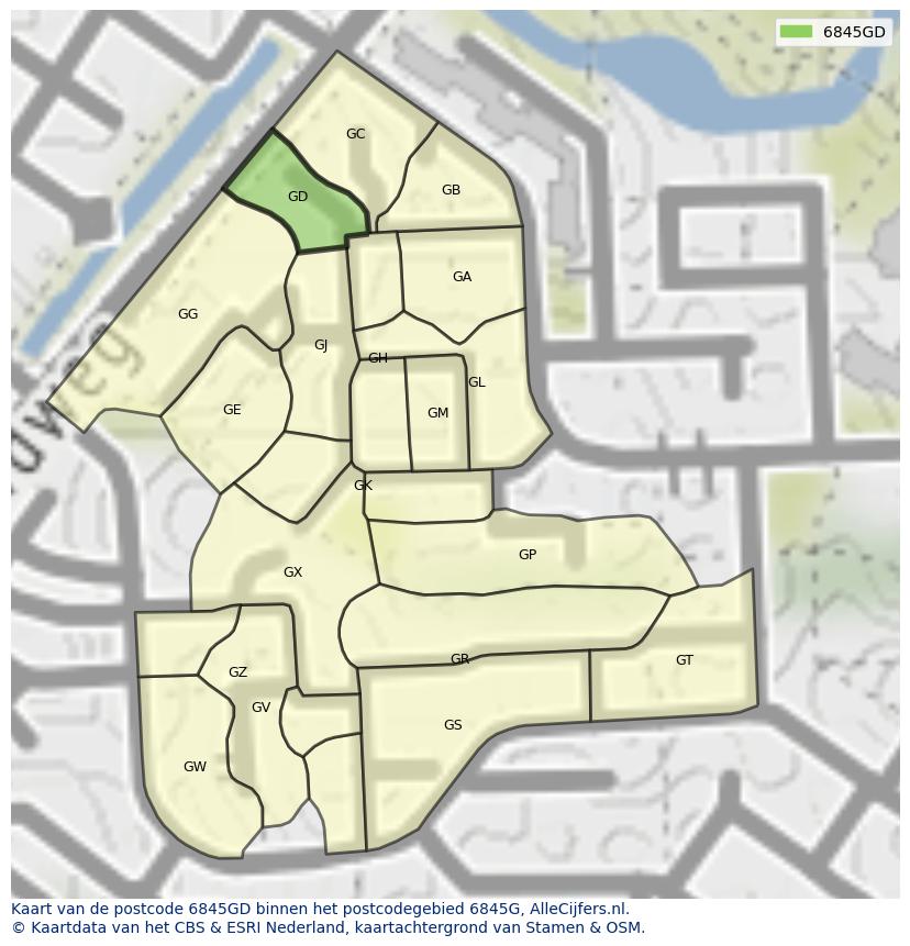 Afbeelding van het postcodegebied 6845 GD op de kaart.