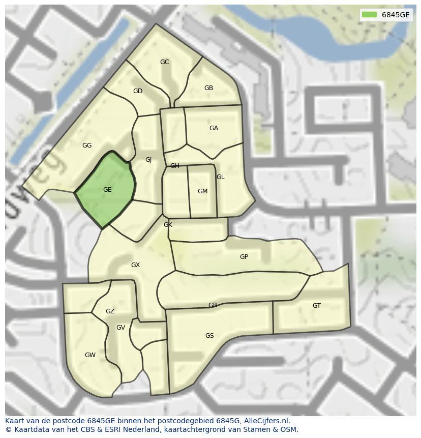 Afbeelding van het postcodegebied 6845 GE op de kaart.