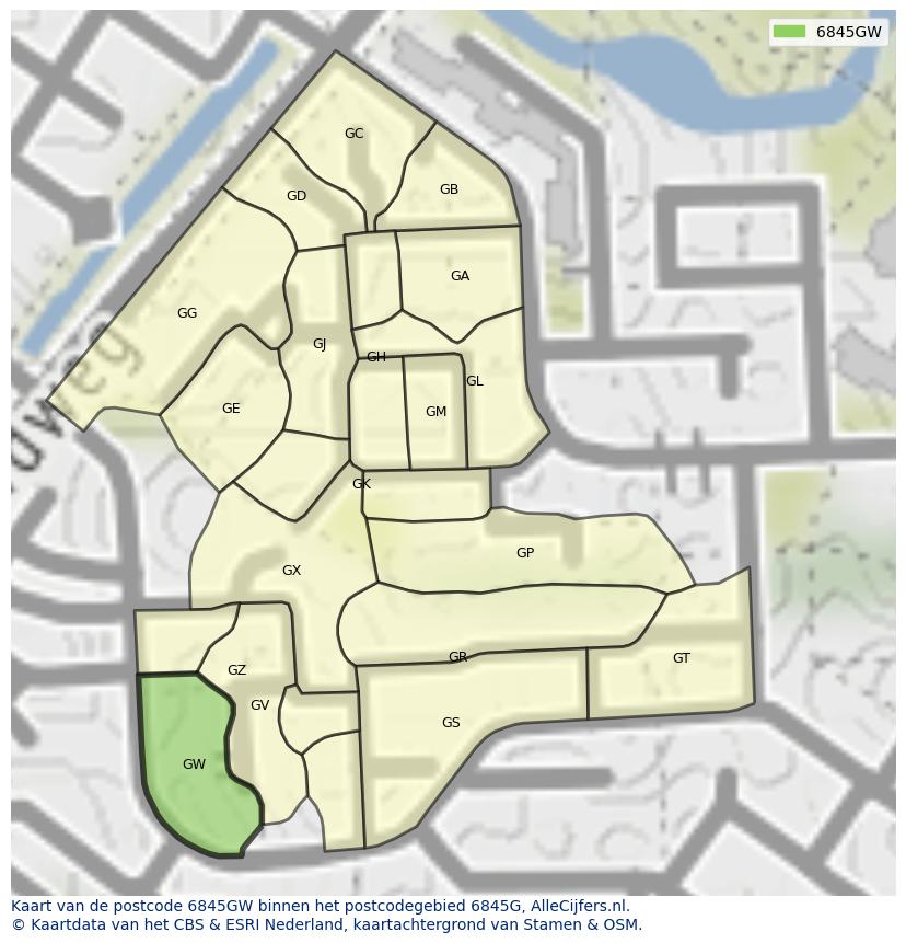 Afbeelding van het postcodegebied 6845 GW op de kaart.