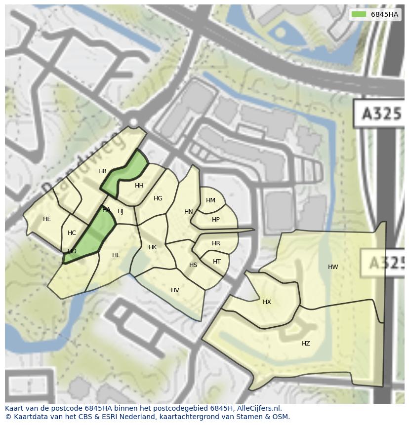 Afbeelding van het postcodegebied 6845 HA op de kaart.