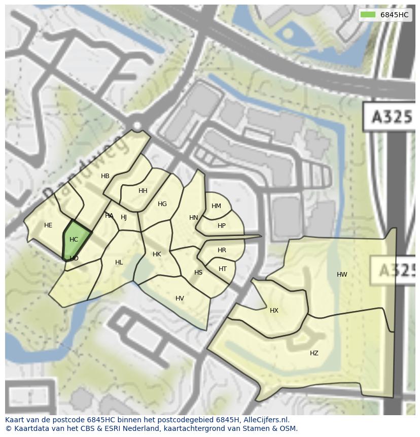 Afbeelding van het postcodegebied 6845 HC op de kaart.