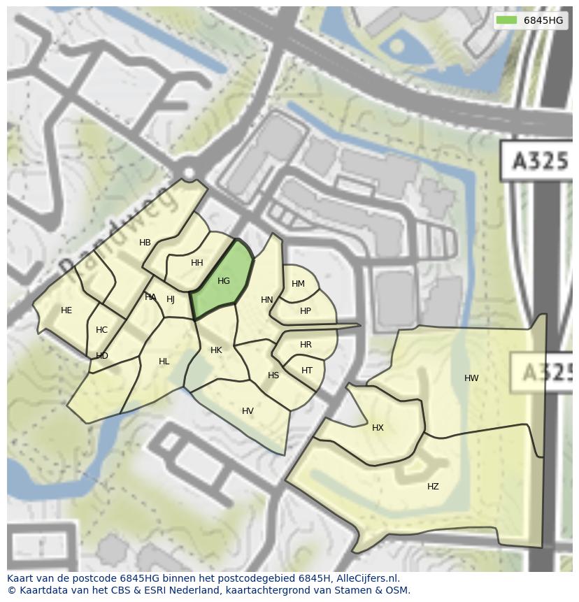 Afbeelding van het postcodegebied 6845 HG op de kaart.