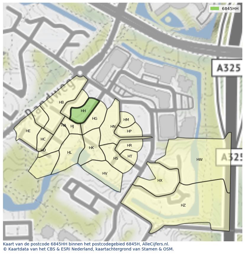 Afbeelding van het postcodegebied 6845 HH op de kaart.