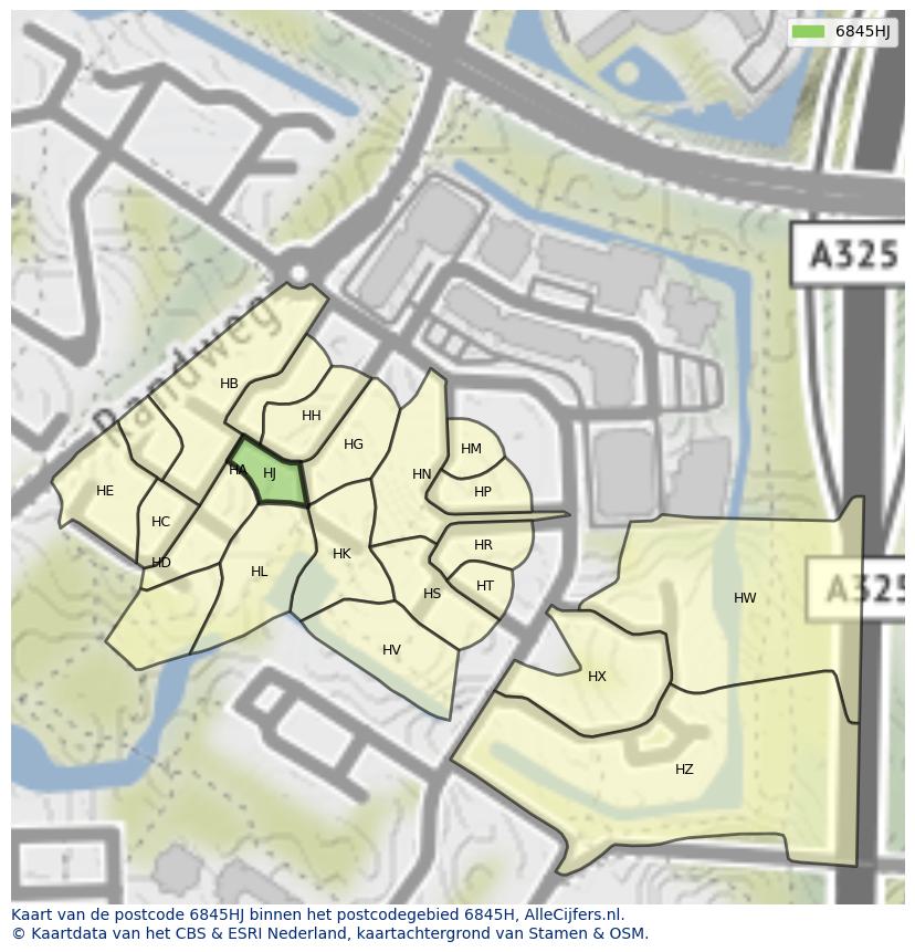 Afbeelding van het postcodegebied 6845 HJ op de kaart.