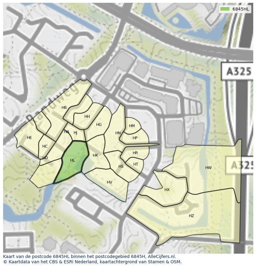 Afbeelding van het postcodegebied 6845 HL op de kaart.