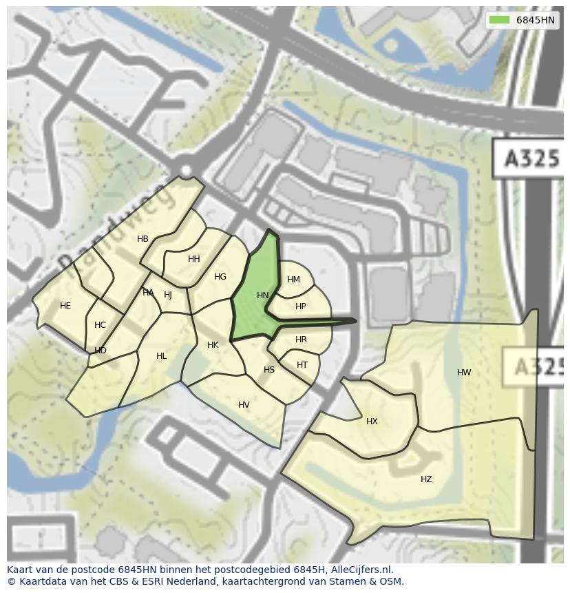 Afbeelding van het postcodegebied 6845 HN op de kaart.