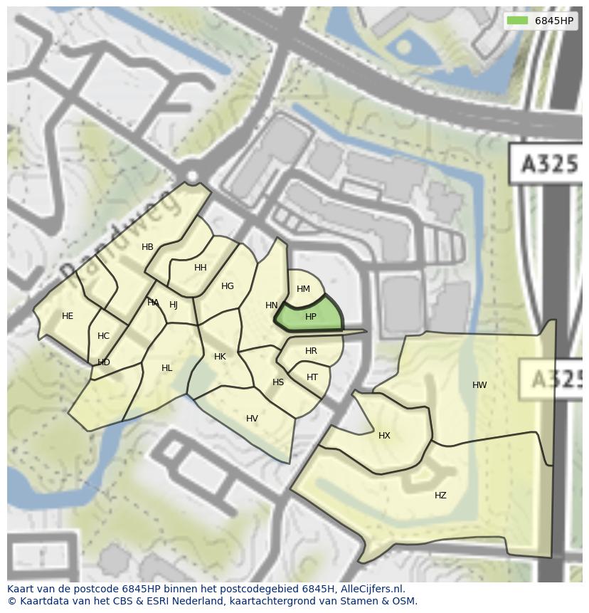 Afbeelding van het postcodegebied 6845 HP op de kaart.